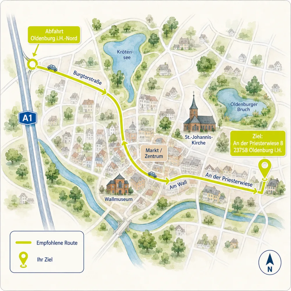 Anfahrtsskizze zur Lungenpraxis Ostholstein - An der Priesterwiese 8, Oldenburg in Holstein